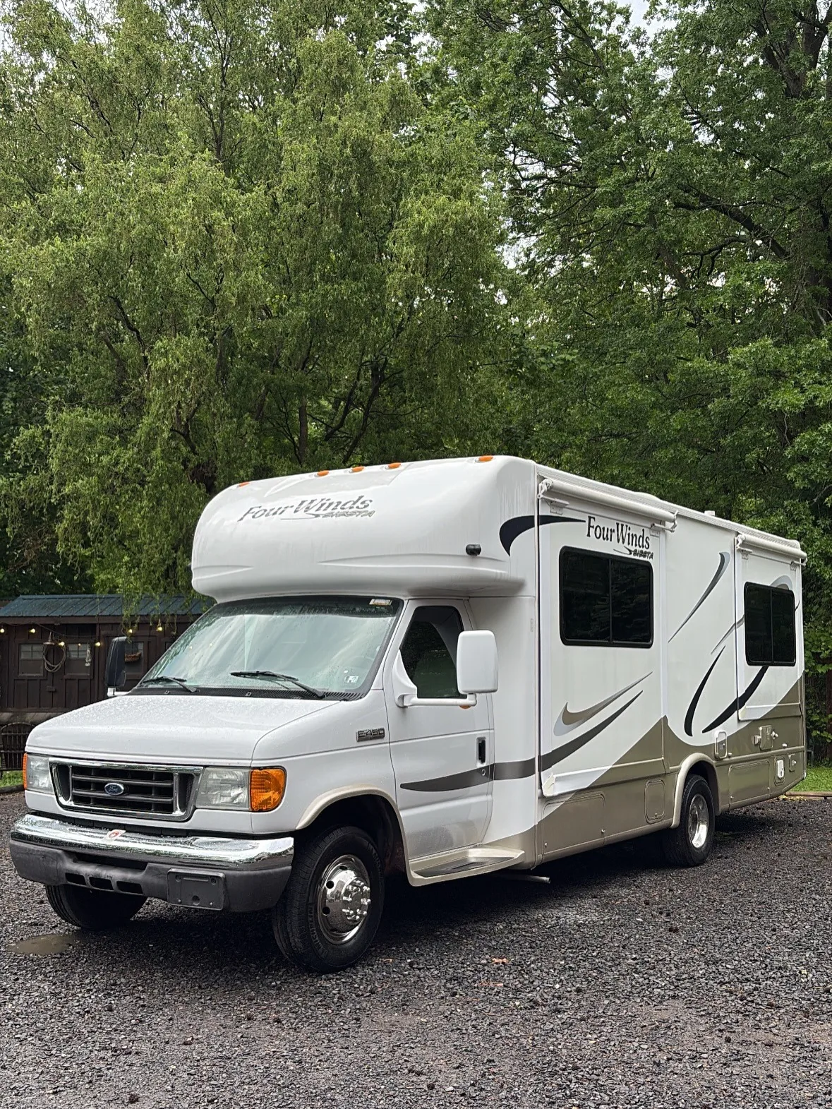 Class C RV motorhome parked and freshly cleaned